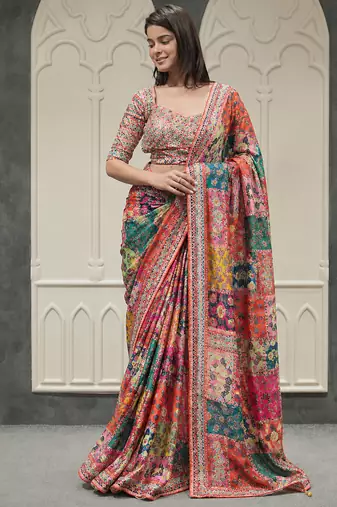 White Silk Blend Saree With Sequins And Foil Mirror Work