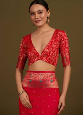 pink silk blend banarasi jacuard work saree with unstitched blouse piece 5