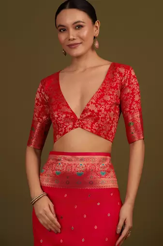pink silk blend banarasi jacuard work saree with unstitched blouse piece