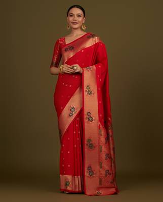 red silk blend banarasi jacuard work saree with unstitched blouse piece 1