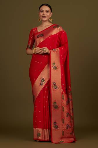 red silk blend banarasi jacuard work saree with unstitched blouse piece