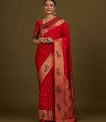 red silk blend banarasi jacuard work saree with unstitched blouse piece