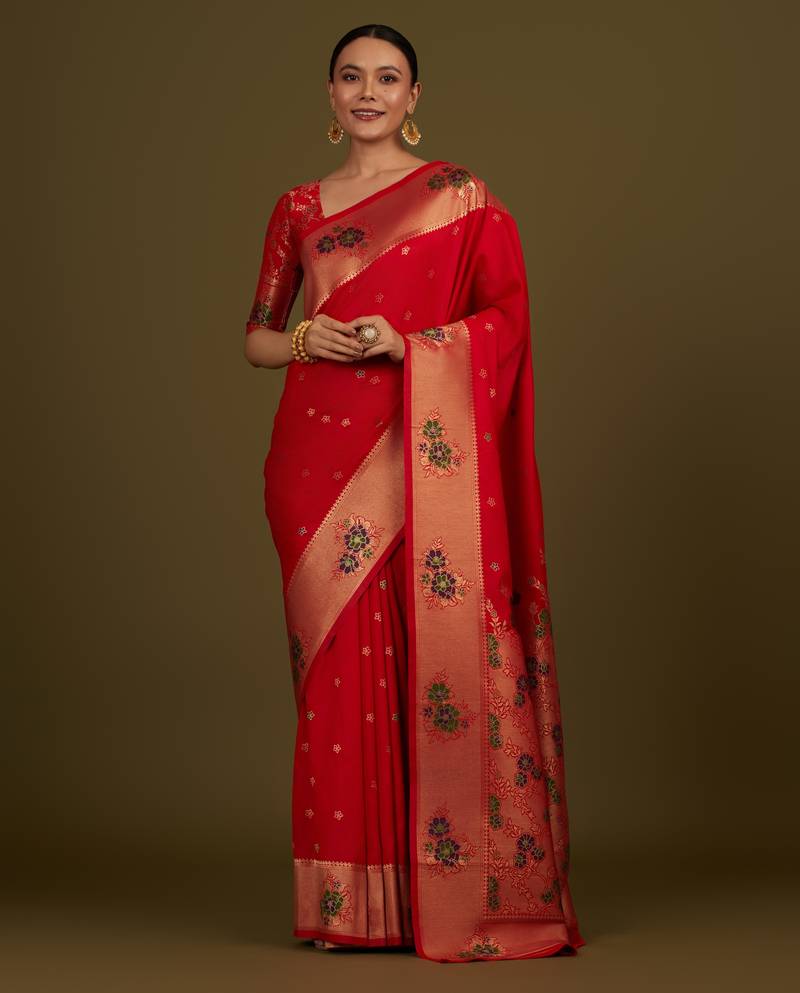 red silk blend banarasi jacuard work saree with unstitched blouse piece