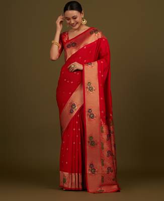 red silk blend banarasi jacuard work saree with unstitched blouse piece 2