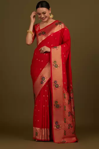 red silk blend banarasi jacuard work saree with unstitched blouse piece