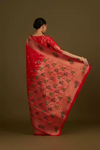 red silk blend banarasi jacuard work saree with unstitched blouse piece