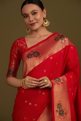 red silk blend banarasi jacuard work saree with unstitched blouse piece 4