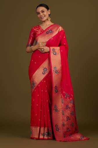 pink silk blend banarasi jacuard work saree with unstitched blouse piece