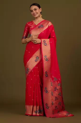 pink silk blend banarasi jacuard work saree with unstitched blouse piece