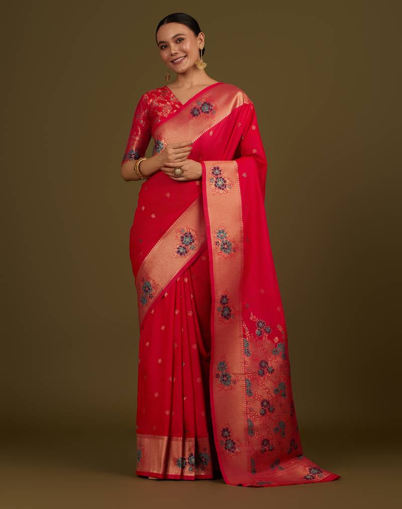 pink silk blend banarasi jacuard work saree with unstitched blouse piece