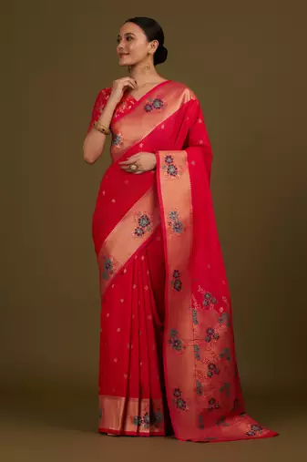 pink silk blend banarasi jacuard work saree with unstitched blouse piece