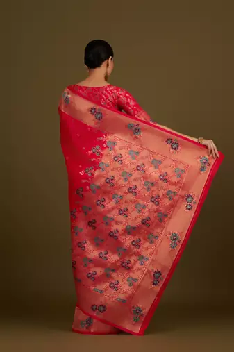 pink silk blend banarasi jacuard work saree with unstitched blouse piece