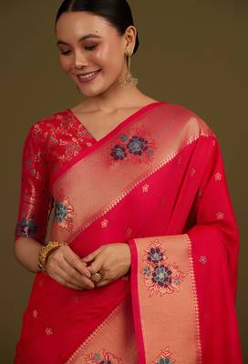 pink silk blend banarasi jacuard work saree with unstitched blouse piece 4