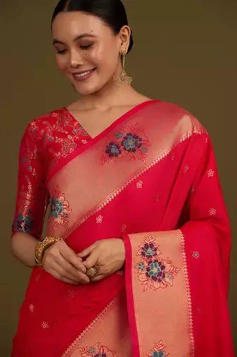 pink silk blend banarasi jacuard work saree with unstitched blouse piece