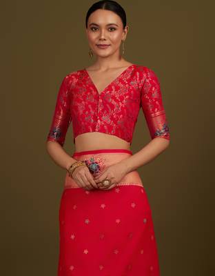 pink silk blend banarasi jacuard work saree with unstitched blouse piece 5