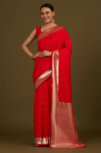 red silk blend banarasi jacuard work saree with unstitched blouse piece