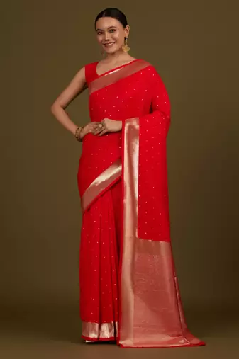 red silk blend banarasi jacuard work saree with unstitched blouse piece