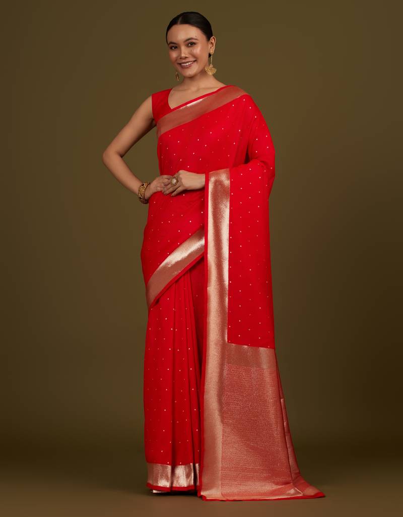 red silk blend banarasi jacuard work saree with unstitched blouse piece