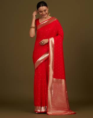 red silk blend banarasi jacuard work saree with unstitched blouse piece 2