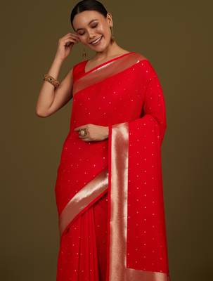 red silk blend banarasi jacuard work saree with unstitched blouse piece 4