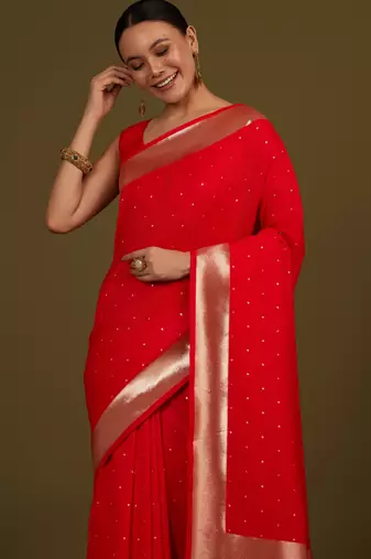 red silk blend banarasi jacuard work saree with unstitched blouse piece