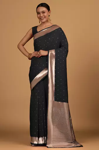 black silk blend banarasi jacuard work saree with unstitched blouse piece