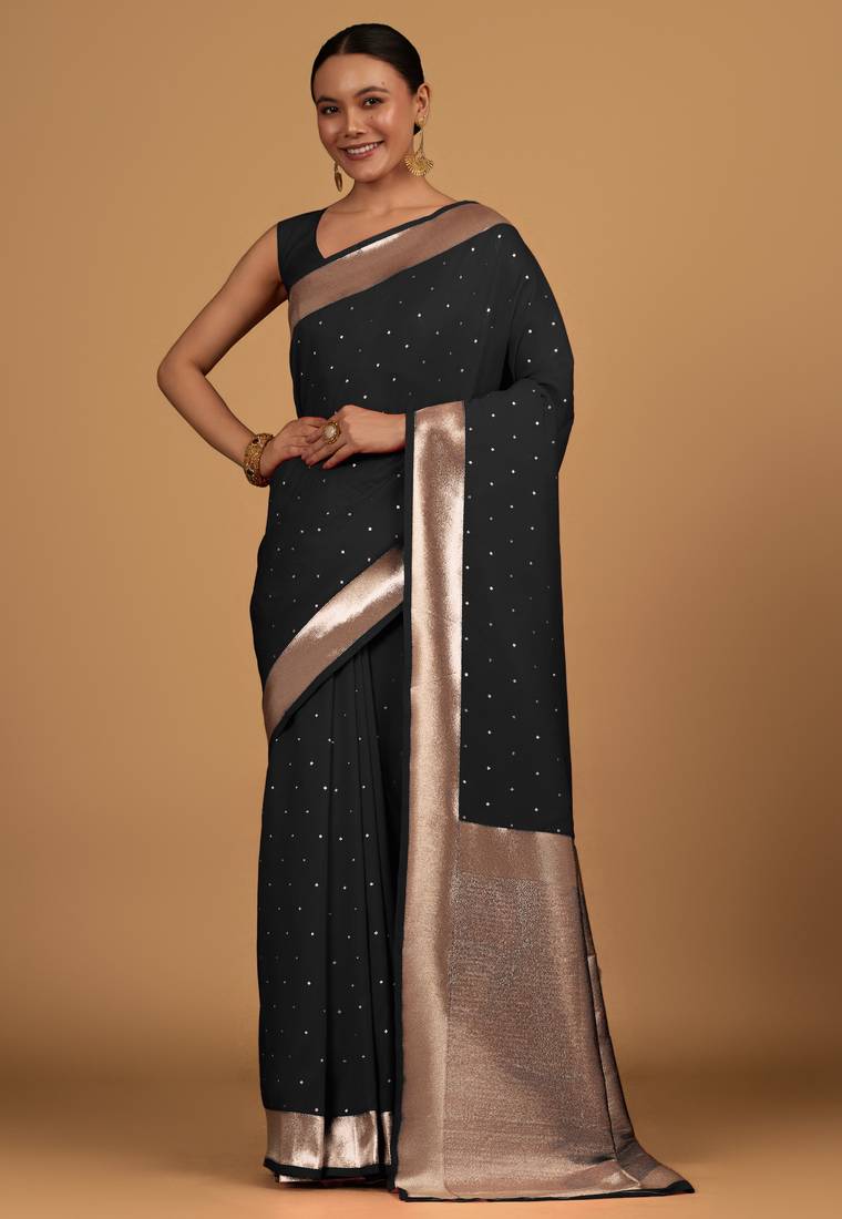 black silk blend banarasi jacuard work saree with unstitched blouse piece