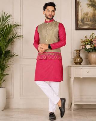 Beige color weaving work with ikkat kanjivaram cotton men's kurta payjama set 1