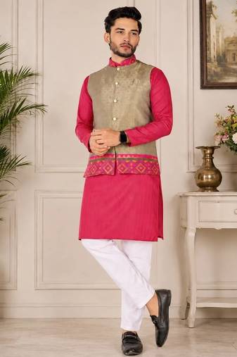 Beige color weaving work with ikkat kanjivaram cotton men's kurta payjama set