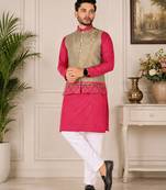 Beige color weaving work with ikkat kanjivaram cotton men's kurta payjama set