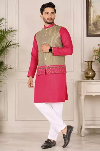 Beige color weaving work with ikkat kanjivaram cotton men's kurta payjama set