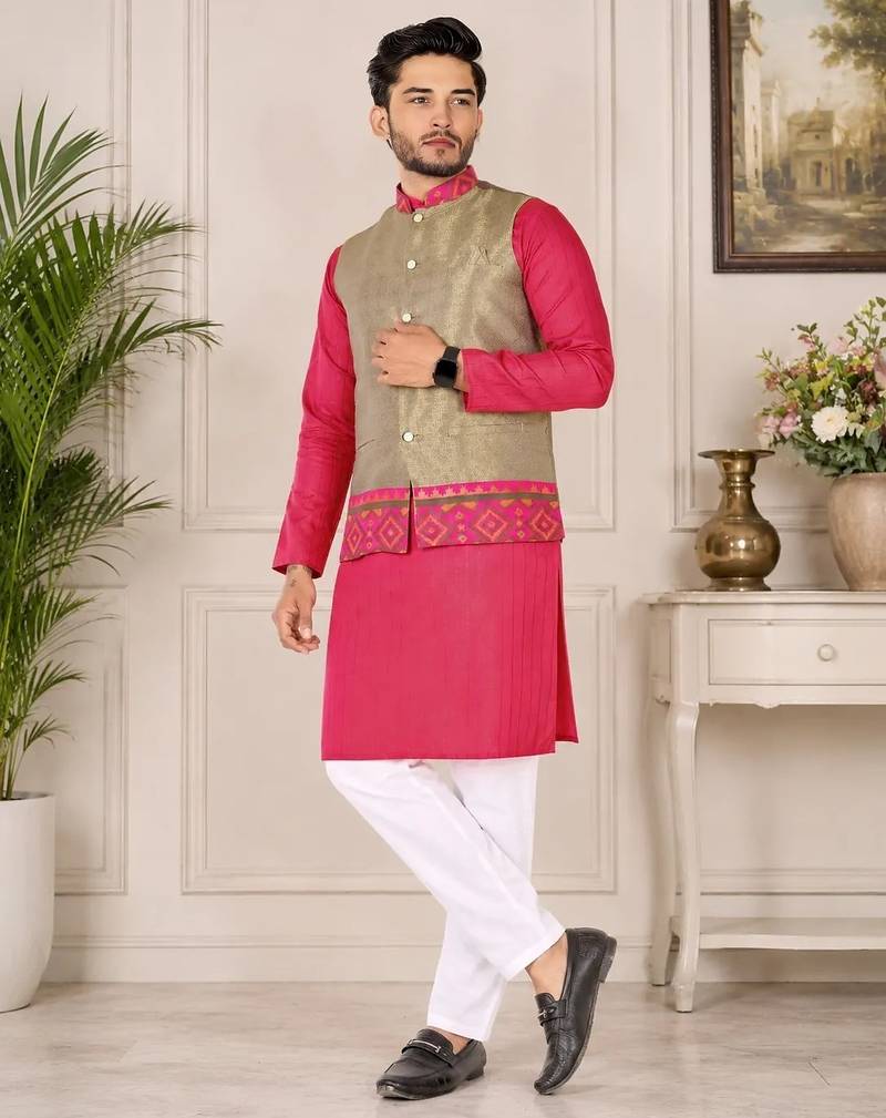 Beige color weaving work with ikkat kanjivaram cotton men's kurta payjama set
