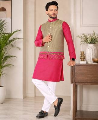 Beige color weaving work with ikkat kanjivaram cotton men's kurta payjama set 3