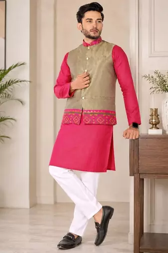 Beige color weaving work with ikkat kanjivaram cotton men's kurta payjama set