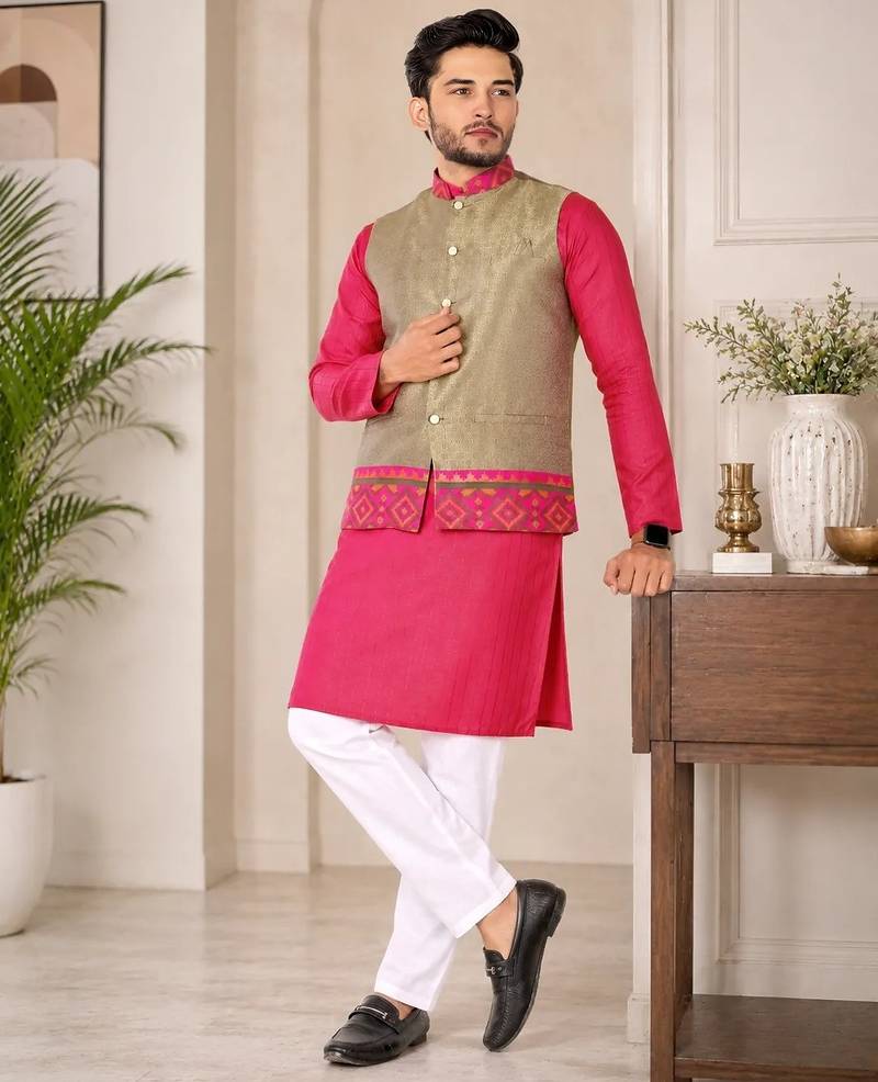 Beige color weaving work with ikkat kanjivaram cotton men's kurta payjama set
