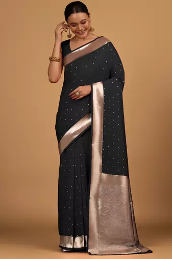 black silk blend banarasi jacuard work saree with unstitched blouse piece