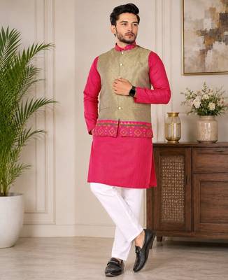 Beige color weaving work with ikkat kanjivaram cotton men's kurta payjama set 4