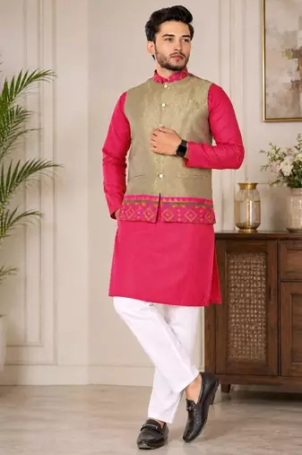 Beige color weaving work with ikkat kanjivaram cotton men's kurta payjama set