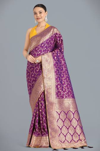 wine silk blend banarasi jacuard work saree with unstitched blouse piece