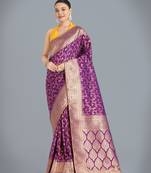 wine silk blend banarasi jacuard work saree with unstitched blouse piece