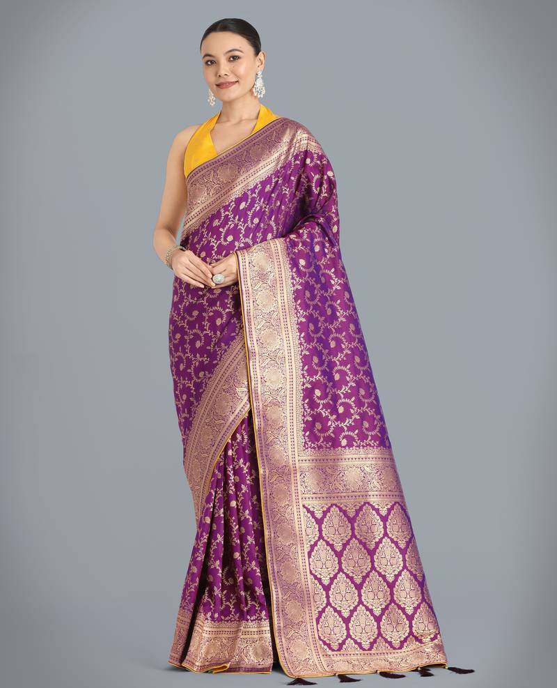 wine silk blend banarasi jacuard work saree with unstitched blouse piece