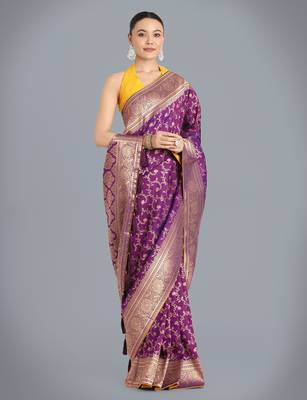 wine silk blend banarasi jacuard work saree with unstitched blouse piece 2