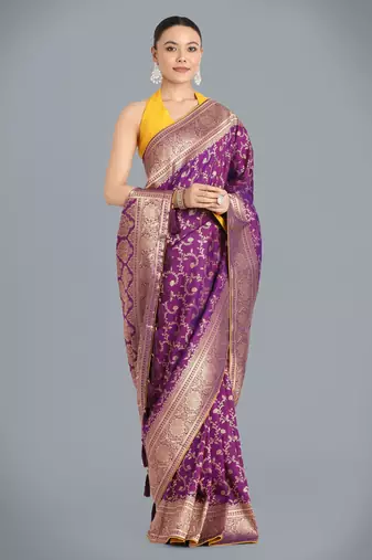 wine silk blend banarasi jacuard work saree with unstitched blouse piece