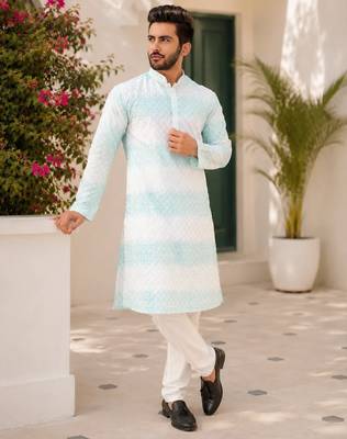 Sky blue color embroidery work & shading print cotton men's kurta payjama set 1
