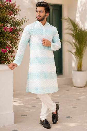 Sky blue color embroidery work & shading print cotton men's kurta payjama set