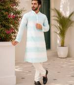 Sky blue color embroidery work & shading print cotton men's kurta payjama set