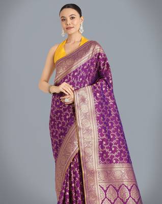 wine silk blend banarasi jacuard work saree with unstitched blouse piece 4