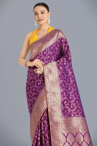 wine silk blend banarasi jacuard work saree with unstitched blouse piece