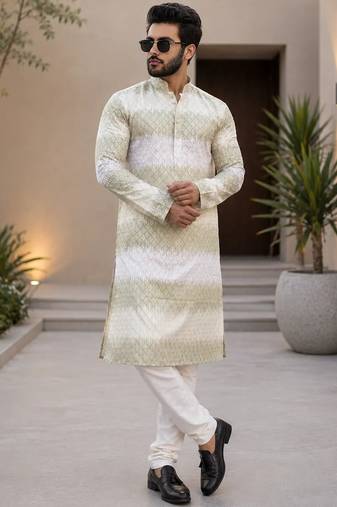 Lime green color embroidery work & shading print cotton men's kurta payjama set