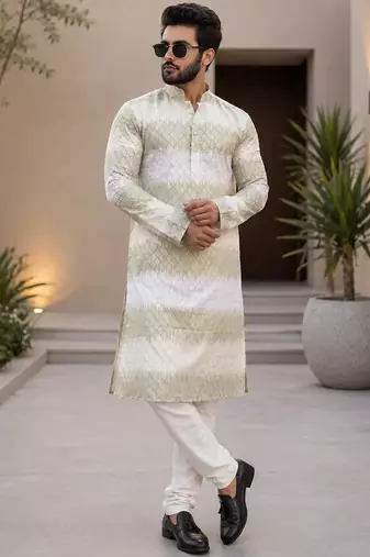 Lime green color embroidery work & shading print cotton men's kurta payjama set